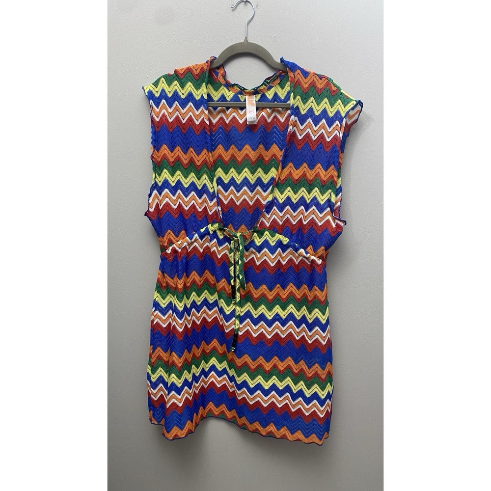 Bathing Suit Cover Up Multi-Color Chevron‎ Design See-Through With Tie Size M/L